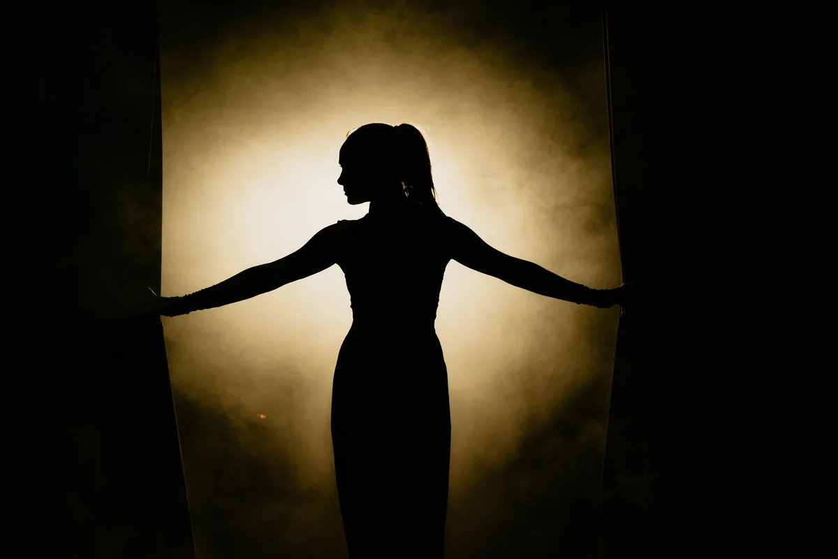 The silhouette of a performer lit from behind on stage